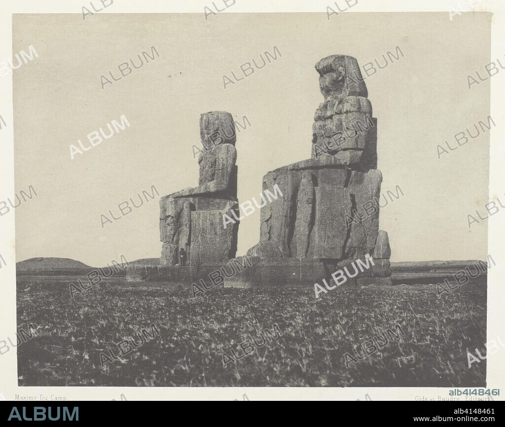 Gournah, Les Colosses; Thèbes. Maxime Du Camp (French, 1822-1894); printed by the Imprimerie Photographique de Blanquart-Evrard (French, founded 1851). Date: 1849-1851. Dimensions: 15.5 × 19.5 cm (image/paper); 30 × 42.9 cm (album page). Salted paper print, plate 54 from the album "Egypte, Nubie, Palestine et Syrie" (1852). Origin: France.