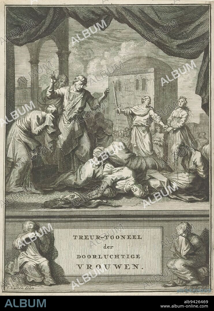 Downfall of monarchs, Title page for: Laurens van Zanten, Treur-tooneel der doorluchtige vrouwen, of Op en ondergang der vorstinnen, 1699, Three women lie dead on the ground, two crowns and a sceptre before them on the ground. On the left they are mourned by a woman, a man raising his hands to heaven and other figures. On the right, a crowned woman is taken by her bound hands by a man holding a sword in his other hand., print maker: Cornelis Huyberts, (mentioned on object), after drawing by: Jan Luyken, (mentioned on object), publisher: Jan Claesz ten Hoorn, Amsterdam, 1699, paper, etching, engraving, height 204 mm × width 150 mm.