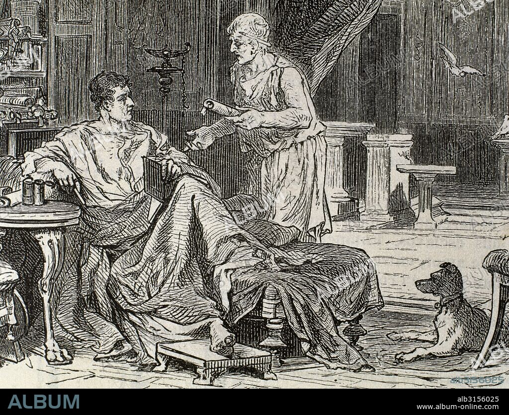 HISTORIA DEL IMPERIO ROMANO. Noble patricio dando instrucciones a un esclavo en el estudio de su villa romana. Grabado del siglo XIX.