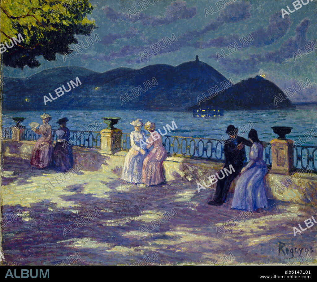 DARIO DE REGOYOS VALDES. PASEO DE SAN SEBASTIAN(PASEO MARITIMO GENTES SENTADAS AL BORDE MAR)-NOCTURNO.