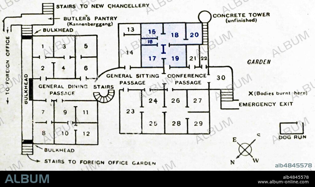 Plan of Hitler's Bunker under the Chancellery in Berlin. The rooms shown highlighted (15 - 20) were the private quarters of Adolf Hitler.