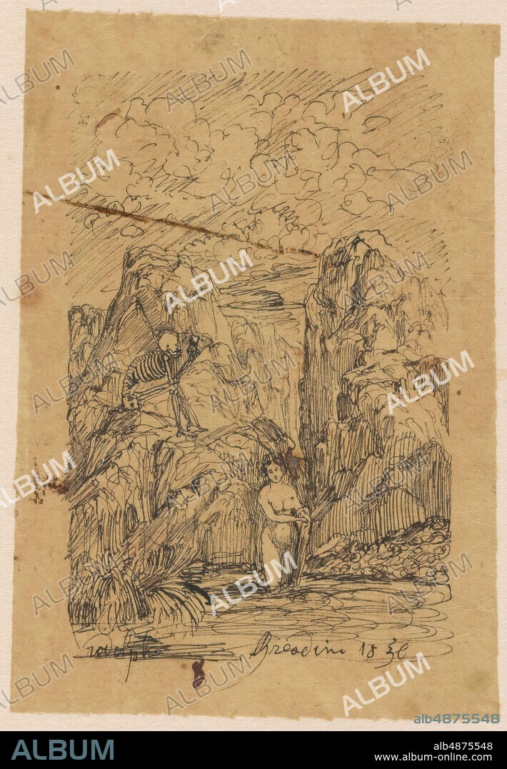Rodolphe Bresdin, The Bather and Time, 1856, pen and black ink on tan  tracing paper, mounted on cream wove paper, 4 in. x 2 13/16 in. (10.2 cm x  7.1 cm), Rodolphe Bresdin, - Album alb4875548