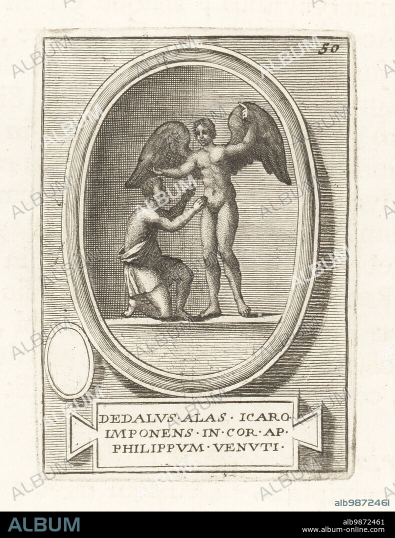Daedalus fixing wings on his son Icarus. In Greek myth, Daedalus was an Athenian craftsman and architect of the labyrinth of Crete. Taitle and Vikare in Etruscan. From an engraved cornelian gem. Dedalus alas Icaro Imponens in Cor ap Philippum Venuti. Copperplate engraving from Francesco Valesio, Antonio Gori and Ridolfino Venutis Academia Etrusca, Museum Cortonense in quo Vetera Monumenta, (Etruscan Academy or Museum of Cortona), Faustus Amideus, Rome, 1750.