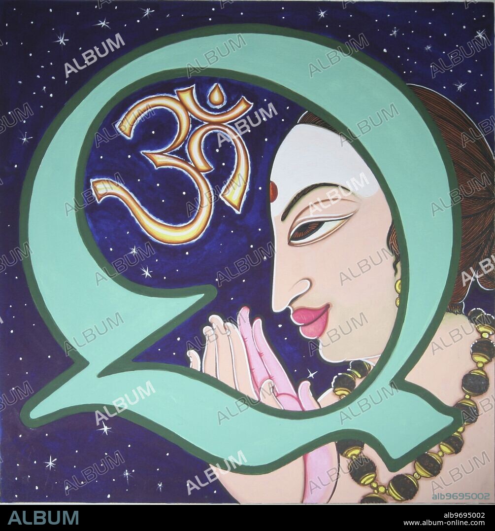 India: A-Z Alphabet - Initials - Artist Manivelu - Hindu belief - Hindu - Hinduism - art - Himalayan Academy art - illuminated letters - Q - banyan tree - sivalinga - linga - trident - trishula - flowers - garland - India - Indian art - Hindu art - religion - Hindu religion.