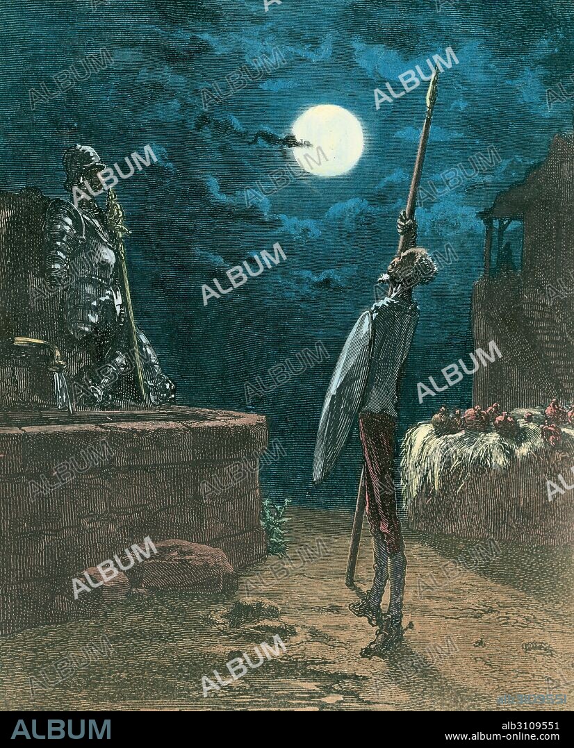 PAUL GUSTAVE DORÉ. Don Quijote: "Arimado a su lanza, ponía los ojos en las armas...".