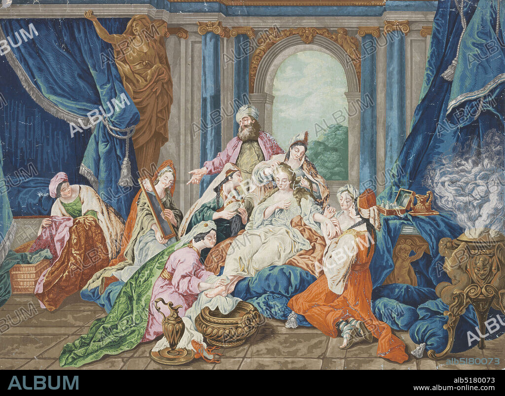 La Toilette d'Esther, Jean-François de Troy, French, 16791752, Block printed on handmade paper, Horizontal rectangle, on two joined sheets of paper, printed in brilliant colors. Esther, seated, being attended by serving woman, with Hagar standing by. Architectural background with drapery., France, 1825, Wallcoverings, Overdoor, Overdoor.