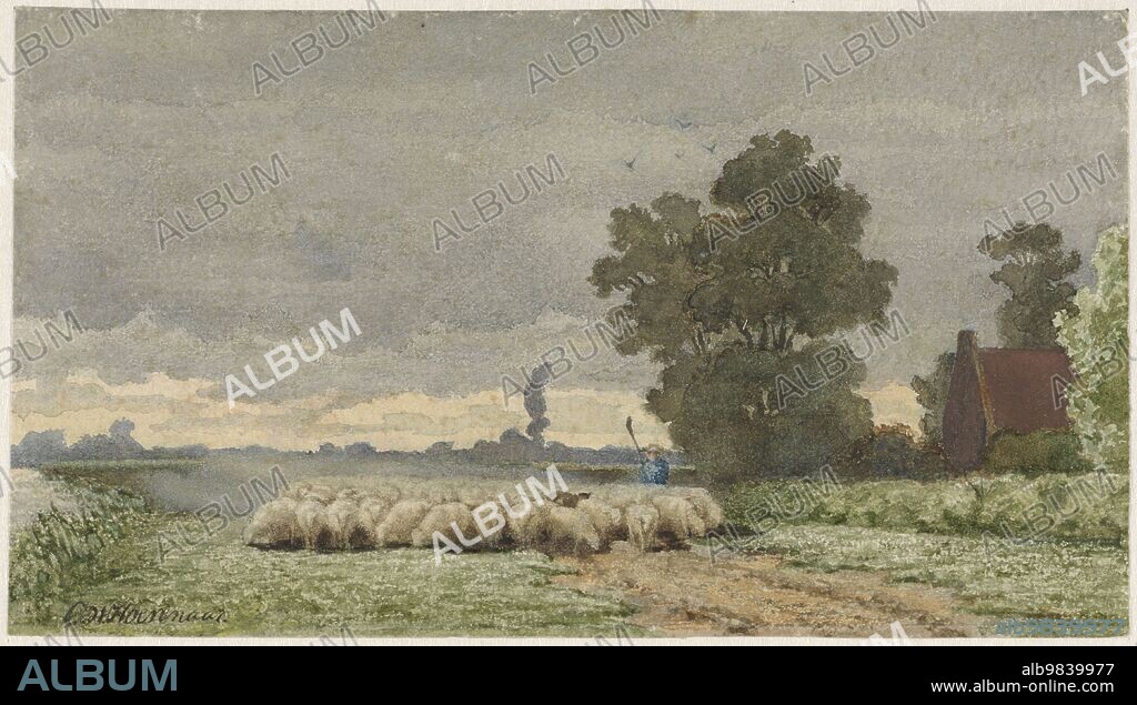CORNELIS WILLEM HOEVENAAR. Landscape with herd of sheep, 1857-1884.