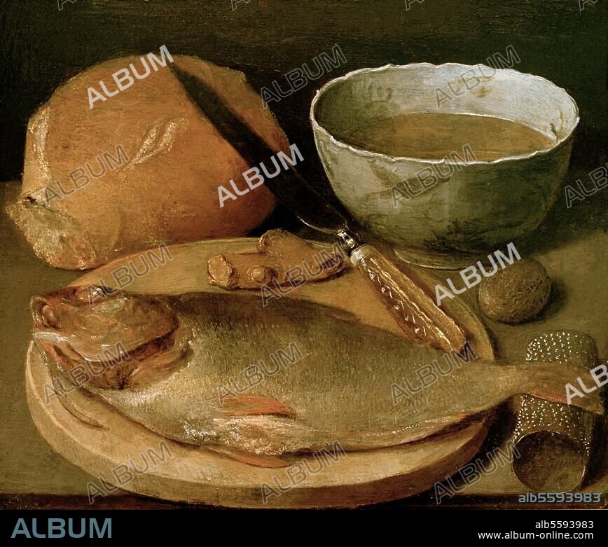 GEORG FLEGEL. Flegel, Georg. 1563-1638. "Stilleben mit Fisch und Brötchen", um 1635. Öl auf Eichenholz, 20 × 22,7 cm. Sammlung der Bayerischen Hypotheken- und Wechselbank in der Deutschen Barockgalerie, Augsburg, Städtische Kunstsammlungen.