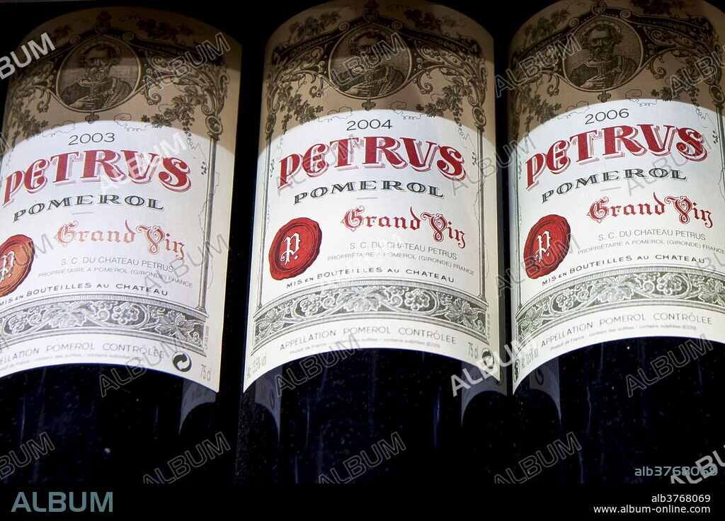 Chateau Petrus fine wine vintage 2003, 2004, 2006, Grand Vin on sale in St Emilion, Bordeaux, France.