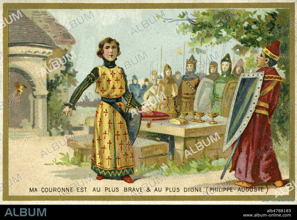 'Ma couronne est au plus brave et au plus digne', citation de Philippe Auguste avant la bataille de Bouvines (1214). Chromo vers 1890. Illustration anonyme. Credit : Collection IM/KHARBINE-TAPABOR.