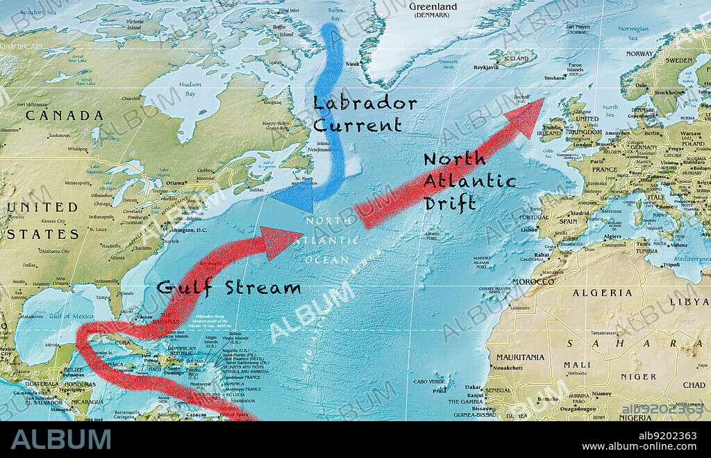 A map of the Gulf Stream, North Atlantic Drift, and Labrador Current in the Atlantic Ocean.