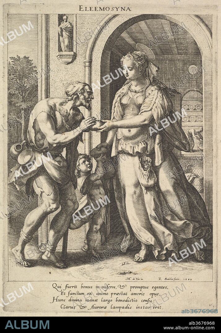 AFTER MAERTEN DE VOS and RAPHAËL SADELER I. Alms-giving: a woman with pearl headdress and halo hands bread to two male beggars, one bearded and the other a child, a portal showing a maidservant in a domestic interior beyond, from the series 'Christian Virtues' after Maerten de Vos. Artist: after Maerten de Vos (Netherlandish, Antwerp 1532-1603 Antwerp); Raphael Sadeler I (Netherlandish, Antwerp 1560-1628 Venice (?)). Dimensions: sheet: 9 3/16 x 6 9/16 in. (23.4 x 16.6 cm)
plate: 8 1/4 x 5 9/16 in. (21 x 14.2 cm). Series/Portfolio: Christian Virtues. Date: 1589.