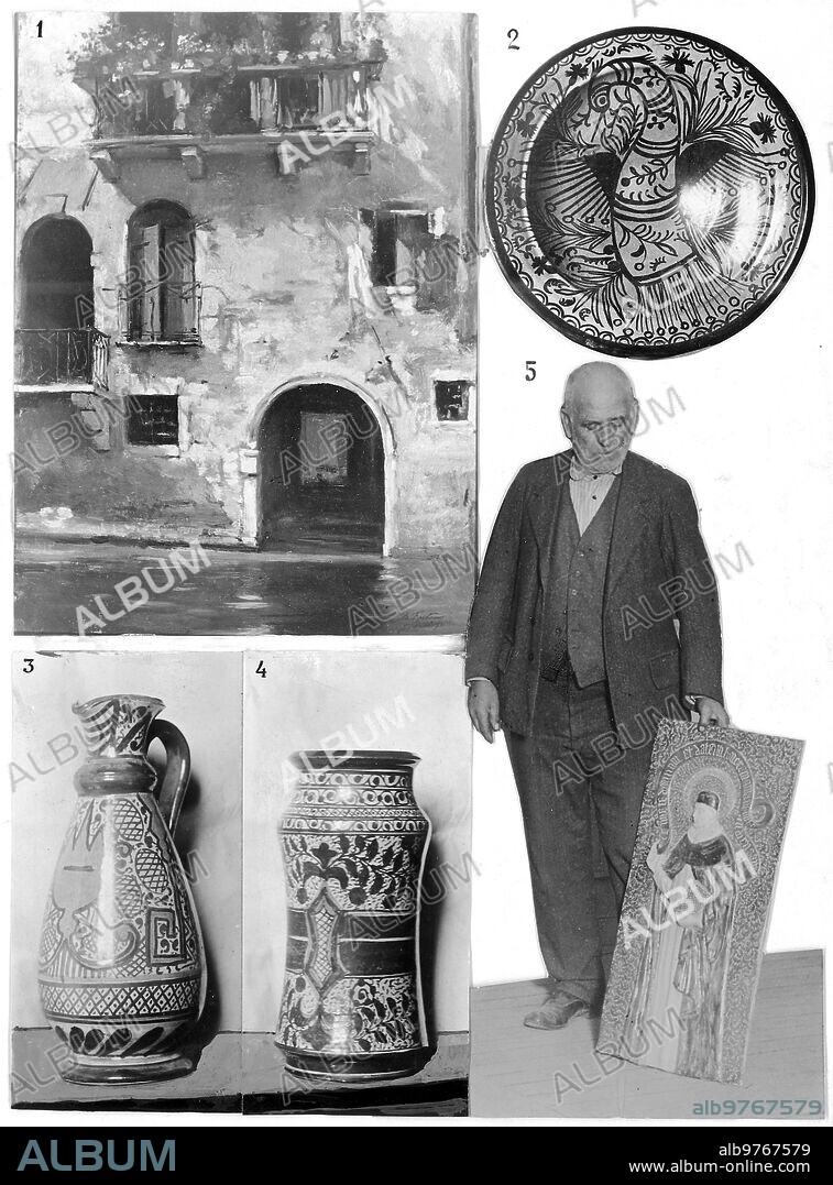 December 17, 1923. Madrid. From Current Artistic Exhibitions. 1.- "a canal in Venice", painting by the painter Mariano Fortuny Madrazo. 2.- Pardalot dish. 3 and 4.- Arab vessels. 5.- the ceramist Francisco Mora, author of the Previous Works.