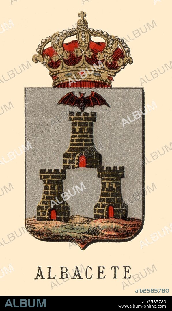 España. Heráldica. Escudo de armas de la provincia de Albacete. Grabado de 1878.