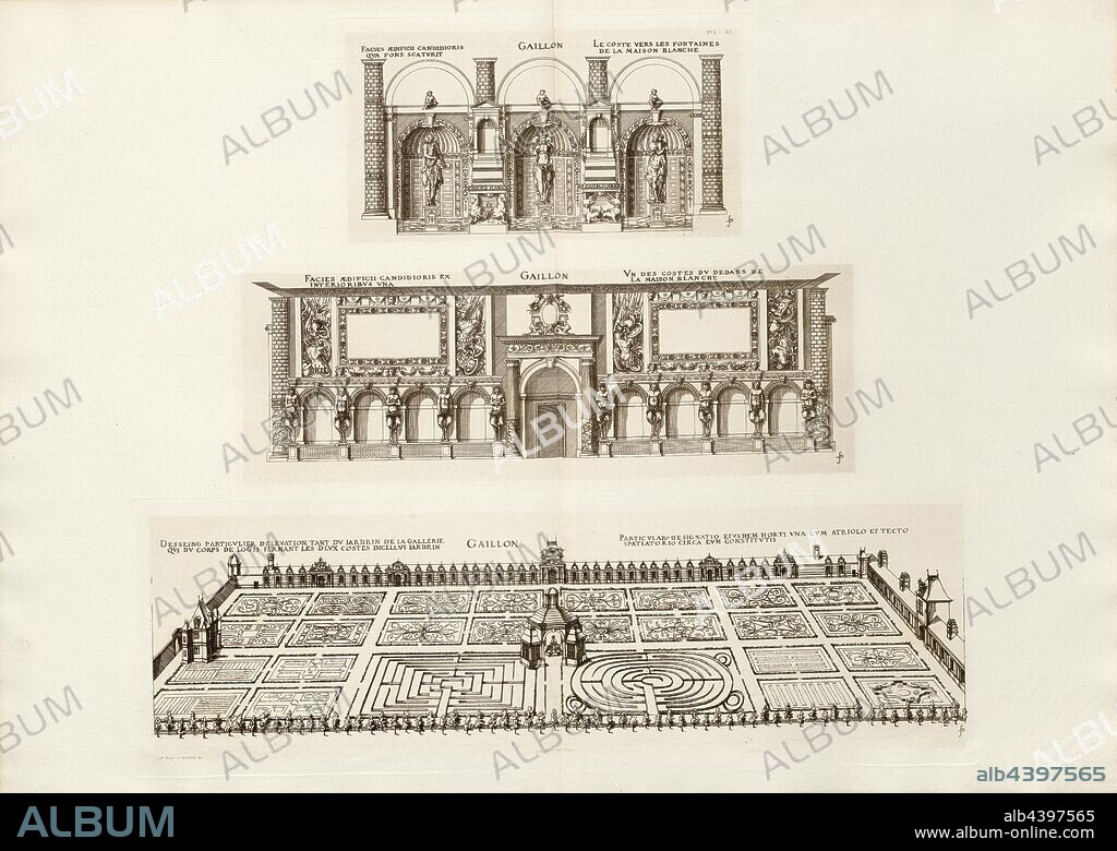 Gaillon. The coste to the fountains of the house Blanche and Gaillon. Special Desseing of elevation both of the iardrin of the gallery which the main building closing the two costs dicellui iardrin, Château de Gaillon in France, Signed: FD; Imp. Lemercier; A. Levy, Fig. 65, T. 1. 63., Cerceau, Jacques Androuet du (del.); Faure-Dujarric, Pierre-Lucien (sc.); Imprimerie Lemercier (imp.); Levy, A. (ed.), 1868, Jacques Androuet du Cerceau; Hippolyte A. Destailleur: Les plus excellents bastiments de France. Paris: A. Lévy, Libraire-Editeur, M DCCC LXVIII - M DCCC LXX. [1868-1870].