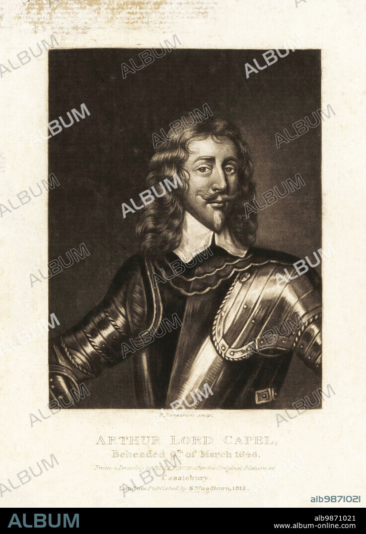Arthur Capell, 1st Baron Capell of Hadham, 1608- 1649, Royalist politician and writer, court of King Charles I, during the English Civil War. Arthur, Lord Capel. Mezzotint engraving by Robert Dunkarton after a drawing by John Bullfinch of a portrait at Cassiobury House from Richard Earlom and Charles Turner's Portraits of Characters Illustrious in British History Engraved in Mezzotinto, published by S. Woodburn, London, 1815.