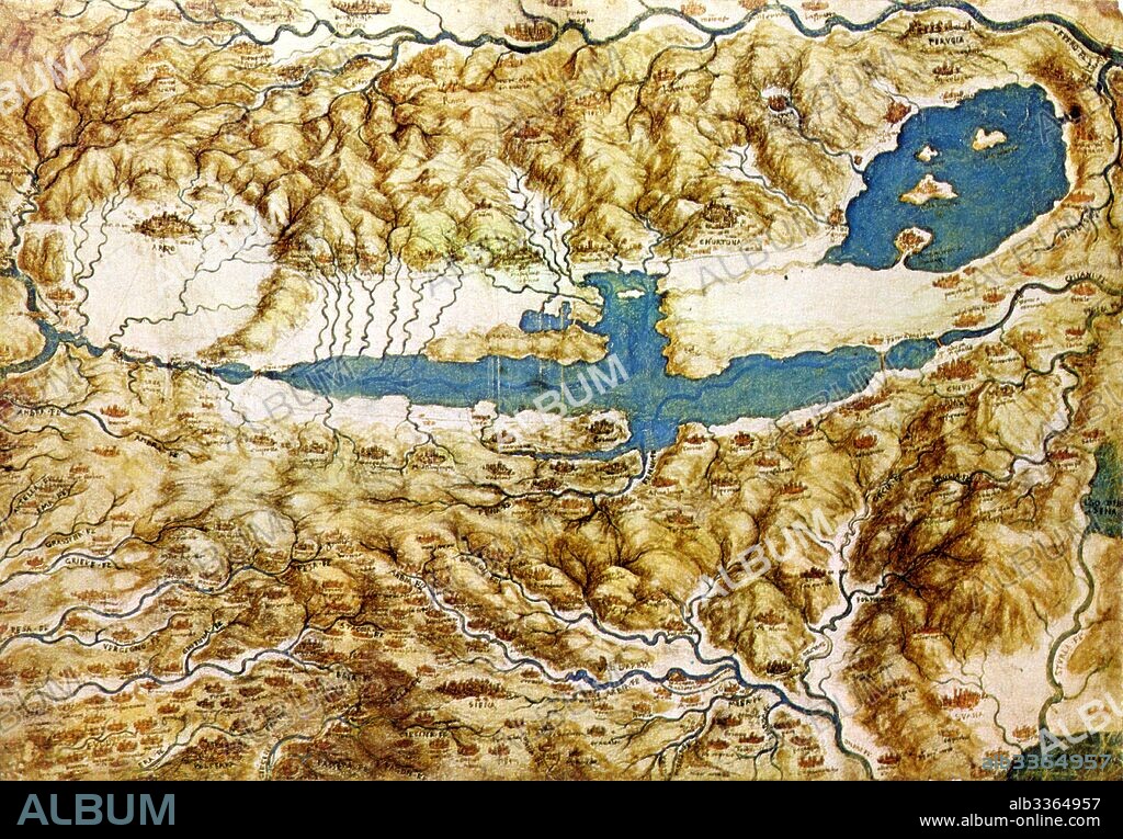 LEONARDO DA VINCI. Topographic View of the Countryside around the Plain of Arezzo and the Val di Chiana.