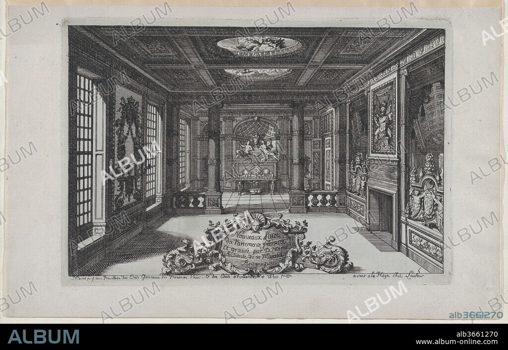 Title Plate with a Cartouche Set in a Lavish Interior, from Nouveaux Liure da Partements, part of OEuvres du Sr. D. Marot. Artist: Daniel Marot the Elder (French, Paris 1661-1752 The Hague). Dimensions: Sheet: 8 1/2 × 13 1/2 in. (21.6 × 34.3 cm)
Plate: 7 5/16 × 10 11/16 in. (18.5 × 27.1 cm). Published in: The Hague. Publisher: Published by Pierre Husson , The Hague. Series/Portfolio: Nouveaux Liure da Partements. Date: published 1703 or 1712.
Horizontal panel with an ornate cartouche in the forefront of a lavishly decorated interior. The space is divided in two by a bulastrade and fluted columns, with a table set in a niche against the far wall. At right, an overmantel with a trophy of arms above a chimney. From a group of five plates, out of a series of six prints with designs for the interior decoration of rooms and detailed designs for textiles.