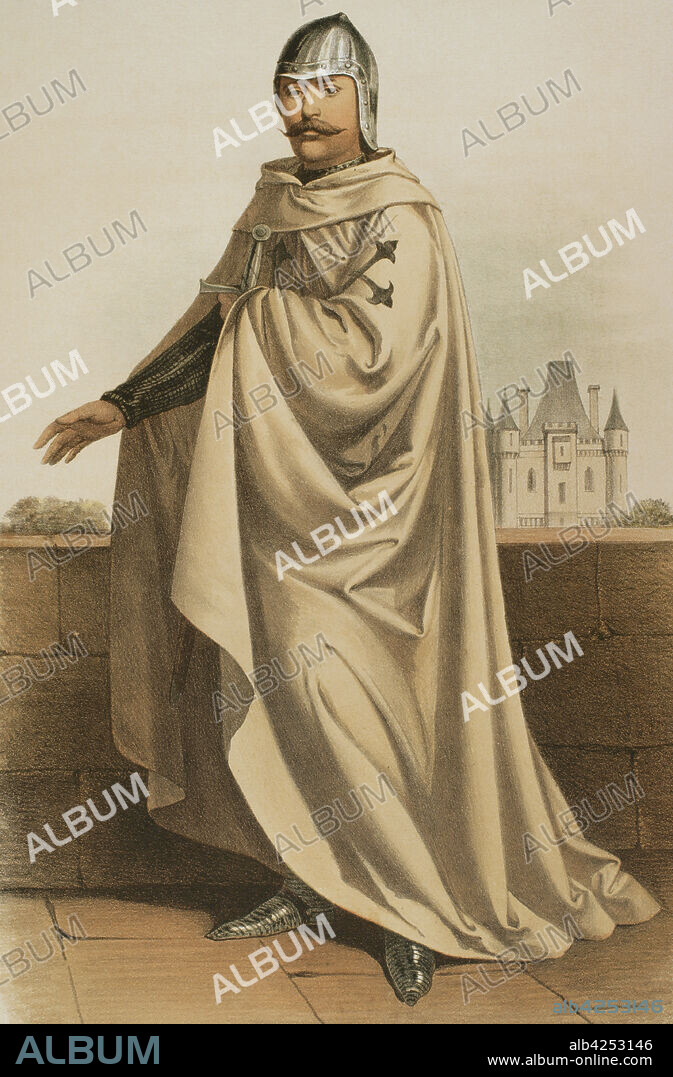 Order of Calatrava. Military and religious order founded in the Kingdom of Castile in 1158. Knight of the order in battle dress (in the first centuries of its foundation). Chromolithography. "Historia de las Ordenes de Caballería y de las Condecoraciones Españolas". (History of the Orders of Chivalry and the Spanish Decorations). Madrid, 1865. Spain.