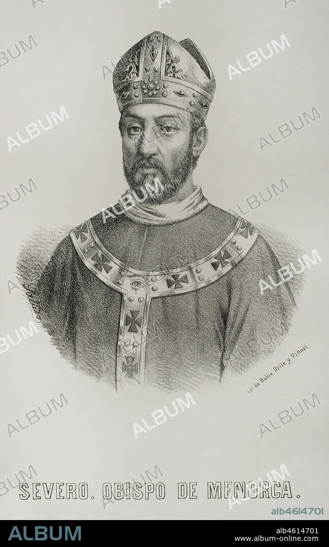 Severo de Menorca. Obispo de Menorca a comienzos del siglo V. Retrato. Litografía. Crónica General de España, Historia Ilustrada y Descriptiva de sus Provincias. Baleares, 1871.