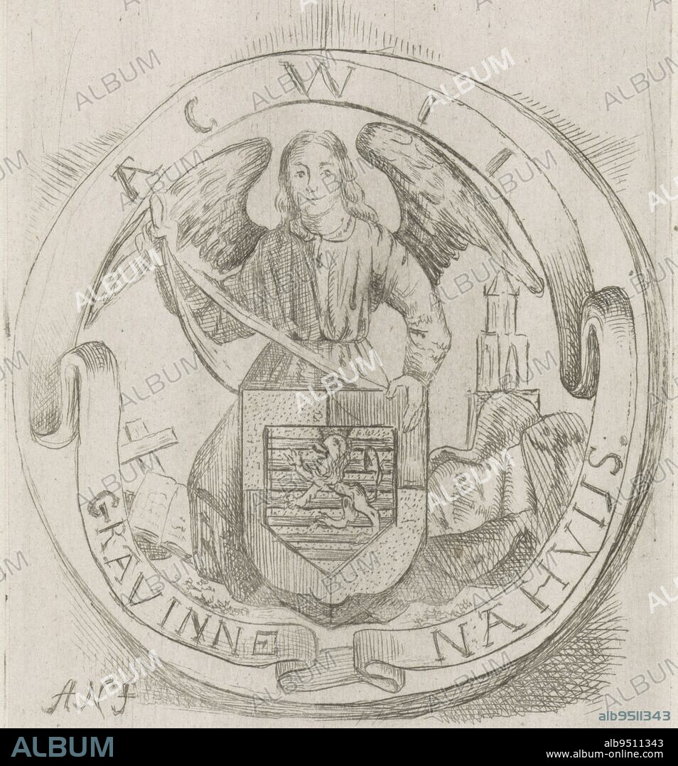 Medallion bearing the coat of arms of the Nahuys family, held by an angel, Nahuys family coat of arms, print maker: Anna Cécile Wilhelmina Jeanette Jacqueline Nahuys, (mentioned on object), Noord-Nederland, 1841 - 1905, paper, etching, h 115 mm × w 74 mm.