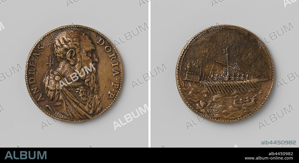 Admiral Andrea Doria, Bronze Medal. Front: man's chest piece with trident inside an inscription. Reverse: galley, in the foreground a boat is approaching with two men [allusion to the liberation of Leoni by Doria], Andrea Doria, Leone Leoni, Italy, 1537, bronze (metal), founding, d 4.1 cm × w 27.92 gr.