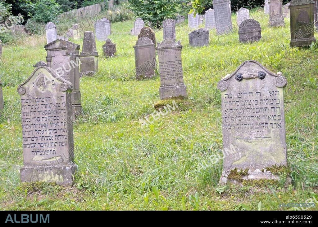 Grabsteine (Mazewa) mit hebräischen Inschriften auf dem jüdischen Friedhof in Buttenhausen, belegt von 1789-1943. Buttenhausen, Schwäbische Alb (Deutschland, Baden-Württemberg). Grave stones (Ma.