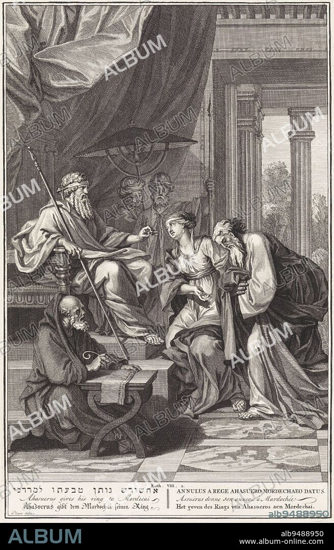 Ahasuerus gives the ring to Mordecai, Matthijs Pool, after Bernard Picart, 1720 - 1728, King Ahasuerus takes off the signet ring he had taken from Haman, enemy of the Jews, and gives it to Mordecai. Esther stands between them and gives Mordecai custody of Haman's possessions. Illustration of the Bible text Est. 8:2. Below the illustration the title in Hebrew, English, German, Latin, French and Dutch., print maker: Matthijs Pool, (mentioned on object), intermediary draughtsman: Bernard Picart, (mentioned on object), publisher: Bernard Picart, (possibly), print maker: Amsterdam, publisher: Amsterdam, publisher: The Hague, 1705 - 1720 and/or 1720 - 1728, paper, etching, engraving, h 347 mm × w 222 mm.