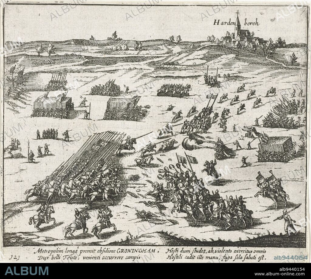 Battle of Hardenberg at which the Spanish army defeated the State army under the command of Philip of Hohenlohe, 17 June 1580. View of the battlefield with Hardenberg in the distance. With caption of 4 lines in Latin. Numbered 121. Printed on reverse with text in Latin, Battle of Hardenberg, 1580., print maker: anonymous, Frans Hogenberg, Northern Netherlands, 1613 - 1615, paper, etching, h 135 mm × w 160 mm.
