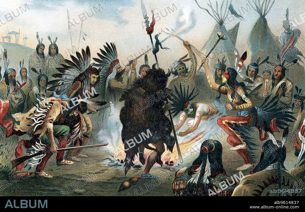 Oleograph of a Sioux war dance, c1890. Oleograph from Ratzel The Human Race Leipzig.