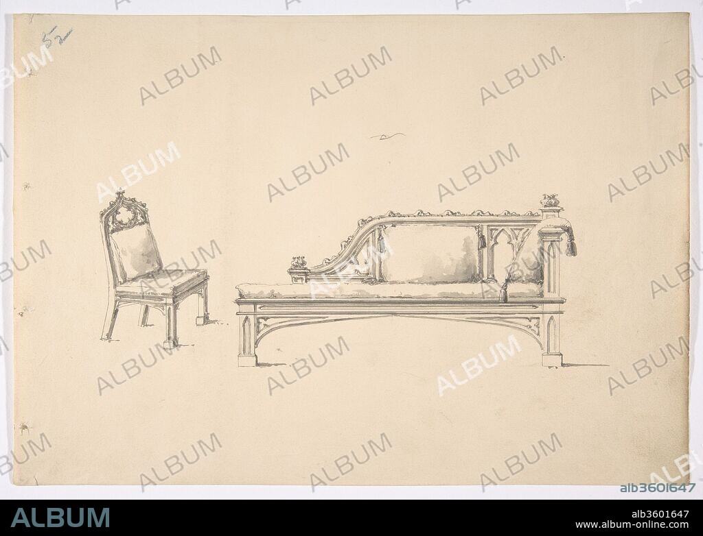 Design for a One-armed Gothic Style Sofa and Chair. Artist: Anonymous, British, 19th century. Dimensions: sheet: 8 5/8 x 12 5/16 in. (21.9 x 31.2 cm). Date: early 19th century.