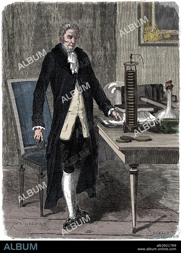 Alessandro Volta, Italian physicist, demonstrating his electric pile (battery), c1800 (c1870). Volta's (1745-1827) voltaic pile, an early form of battery, was the first source of current electricity. It consisted of two different metals, separated by chemicals in order to enable a flow of electricity. In 1775, he invented the electrophorus, a precursor of the induction machine, and in 1777 he invented an 'inflammable air' electric pistol. The unit of electromotive force 'volt' is named after him. From Les Merveilles de la Science by Louis Figuier. (Paris, c1870). (Colorised black and white print).