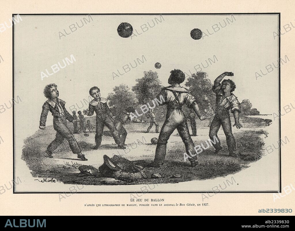 Boys playing ball games (handball and football) in a park. From a print by Jean-Henri Marlet in Le Bon Genie, 1827. Lithograph from Henry Rene Allemagne's Sports and Games of Skill (Sports et Jeux d'Adresse), Librairie Hachette, Paris, 1903.