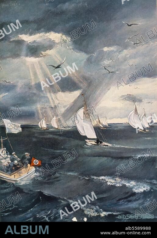 Berlin, 1. bis 16. August 1936. XI. Olympische Spiele. "Die Sturmregatta der 6-m-R-Klasse bei den Segelwettkämpfen der Olympiade auf der Kieler Förde". Farbige Zeichnung von Hans Liska (1907-1983). Aus: Die Olympischen Spiele 1936, hrsg. vom Cigaretten-Bilderdienst, Hamburg 1936.