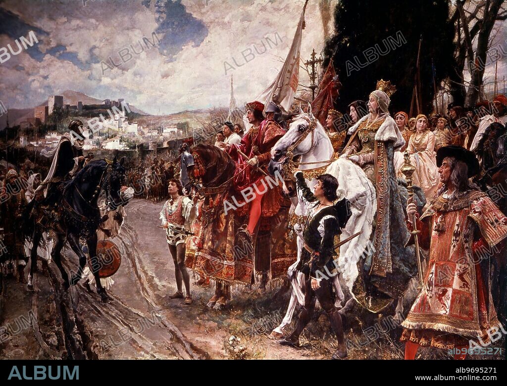 The Surrender of Granada - 1492. The Capitulation of Granada by F. Padilla: Boabdil before Ferdinand and Isabella. by Pradilla (Padilla). in Palacio del Senado, Madrid, Spain. Francisco Pradilla y Ortiz (July 24, 1848 - November 1, 1921) was a prolific Spanish painter famous for creating historical scenes. ©2006 Credit:TopFoto.