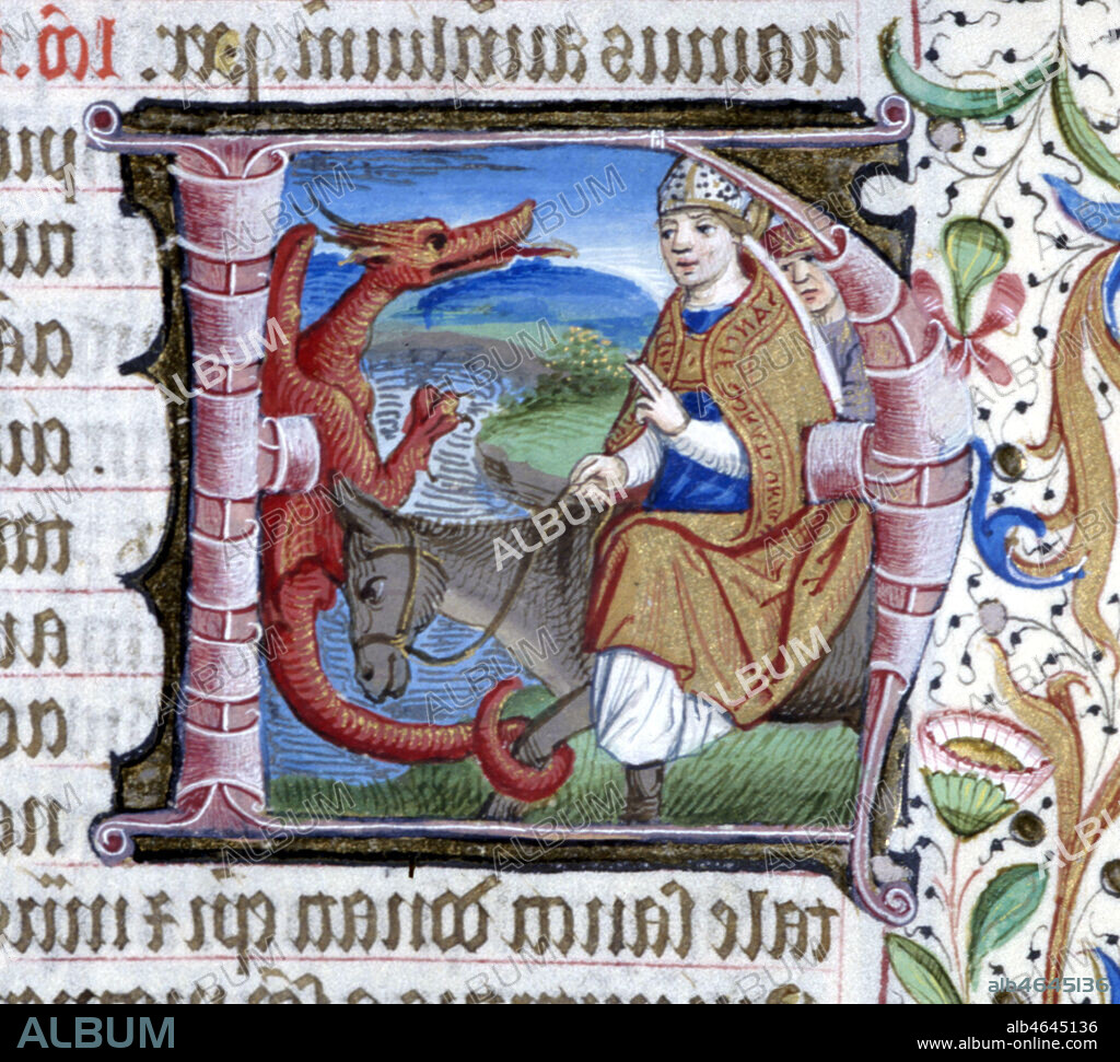 Saint Donat rencontrant un dragon et lettine "A". Enluminure tirée d'un bréviaire du 15ème siècle. (f°503).