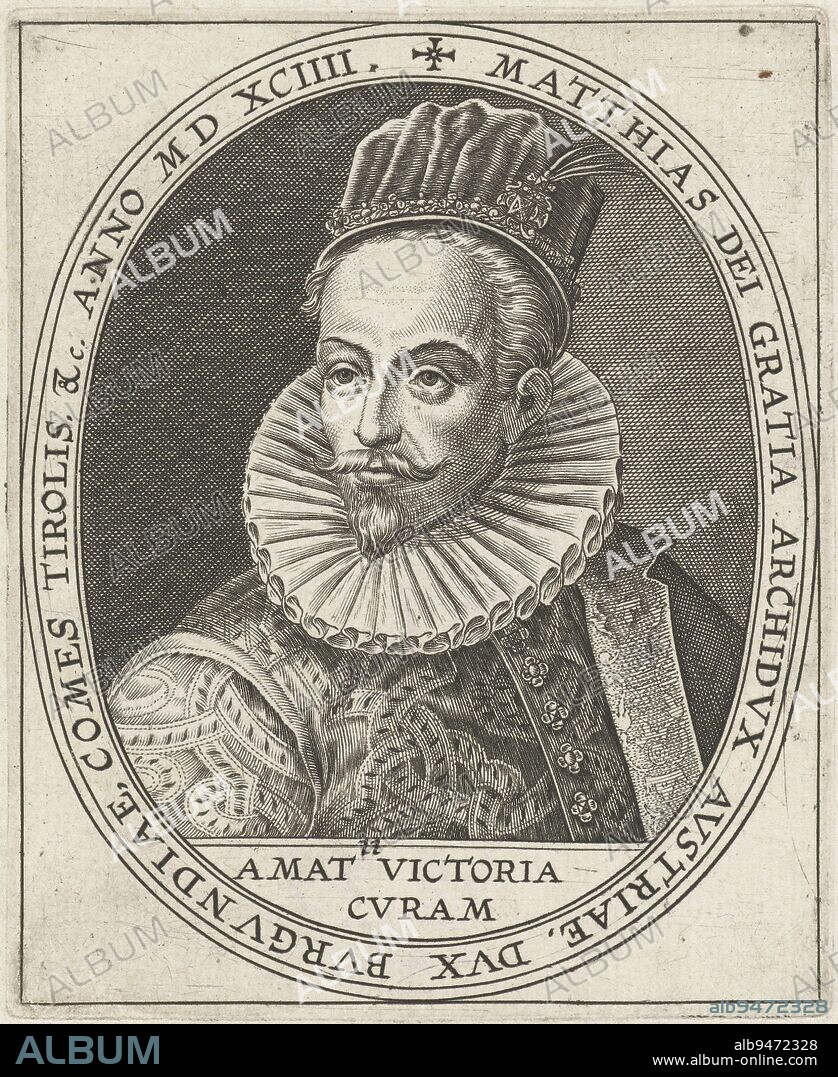 Portrait of Matthias Archduke of Austria and Emperor of the Holy Roman Empire, in oval with edge lettering. Below the portrait his motto: Amat victoria curam. Portrait of Matthias Archduke of Austria, print maker: Lambert Cornelisz., , Amsterdam, 1594, paper, engraving, h 97 mm × w 80 mm.