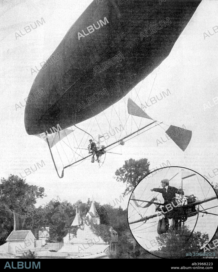 The new airship of Alberto Santos-Dumont, 30th September 1900. A print from La Vie au Grand Air, 30th September 1900. Santos-Dumont (1873-1932) was an early pioneer of aviation.