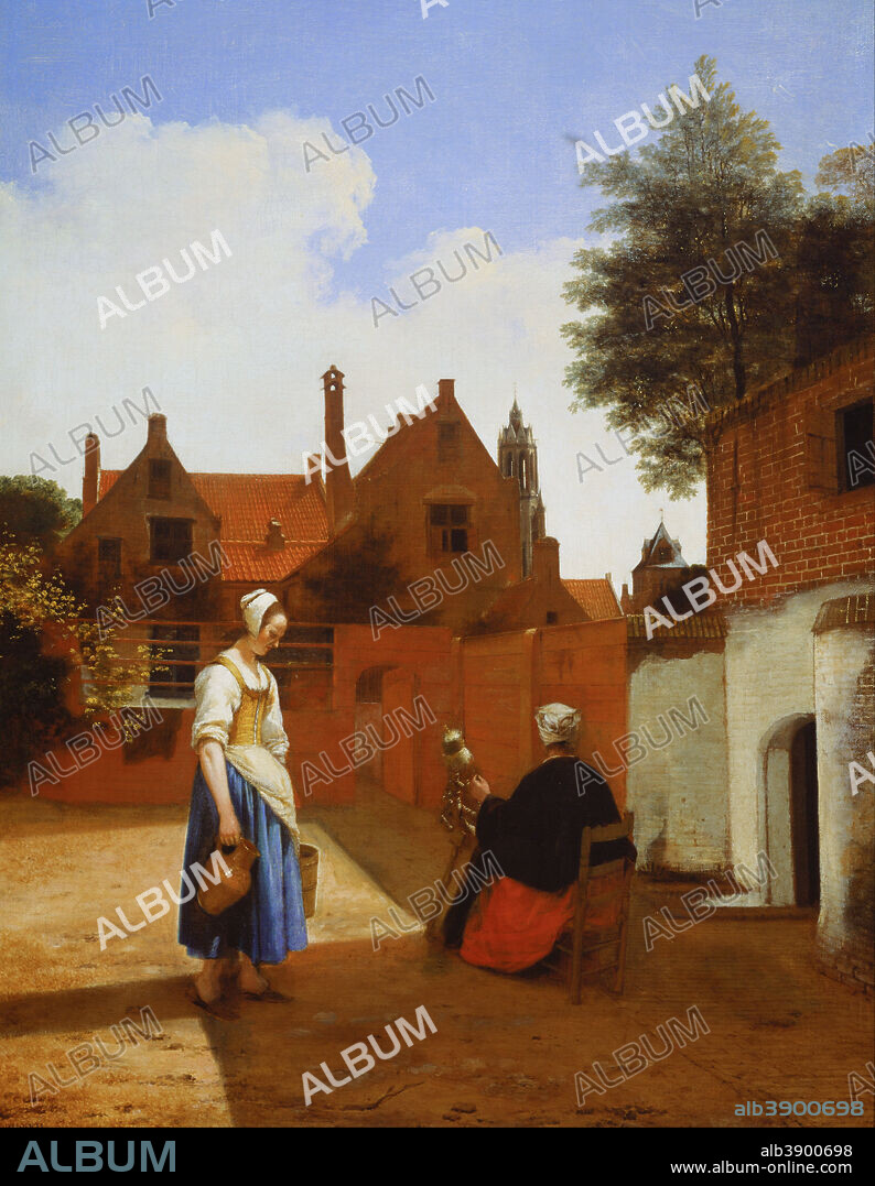 PIETER DE HOOCH. Courtyard in Delft at Evening: a Woman Spinning. Date/Period: 1656 - 1657. Painting. Oil on canvas. Height: 69.3 cm (27.2 in); Width: 53.8 cm (21.1 in).