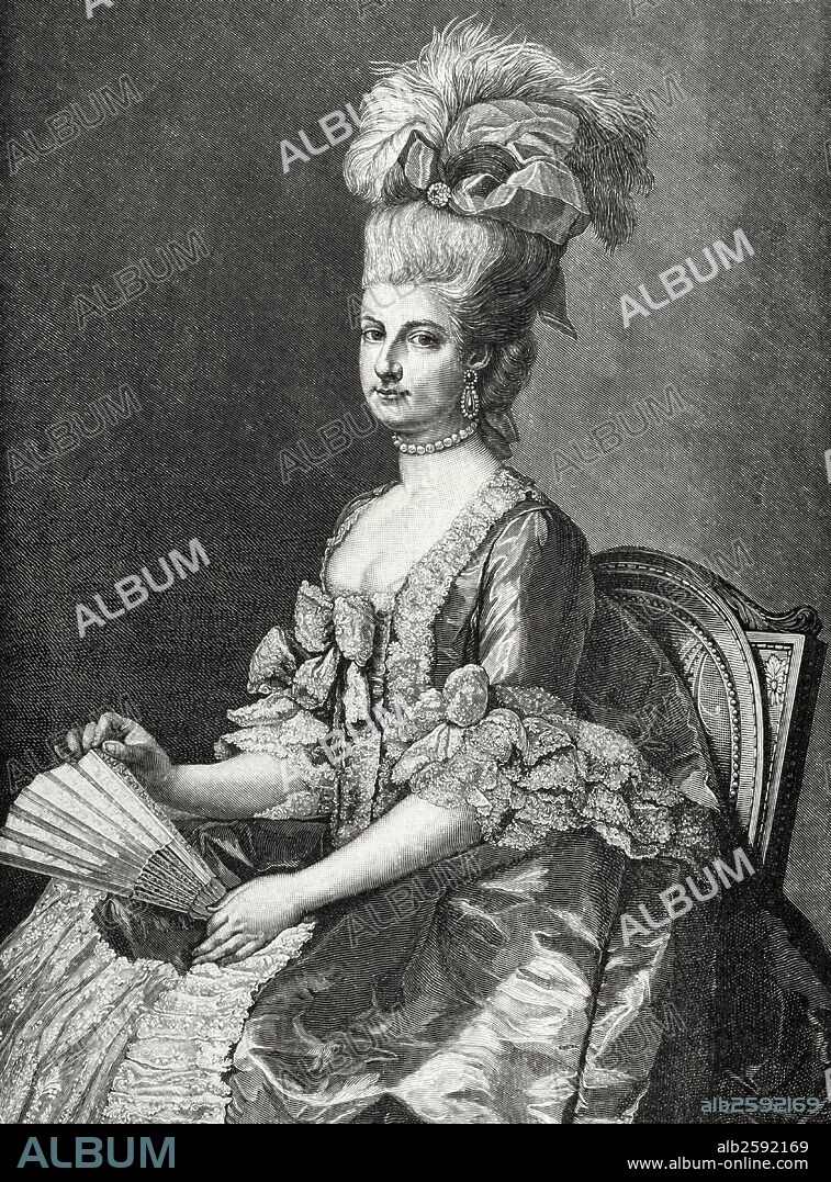 María Cristina de Habsburgo-Lorena (1742-1798). Archiduquesa de Austria. Gobernadora de los Países Bajos. Casada con Alberto de Sajonia-Teschen. Grabado de "Historia Universal", 1885.