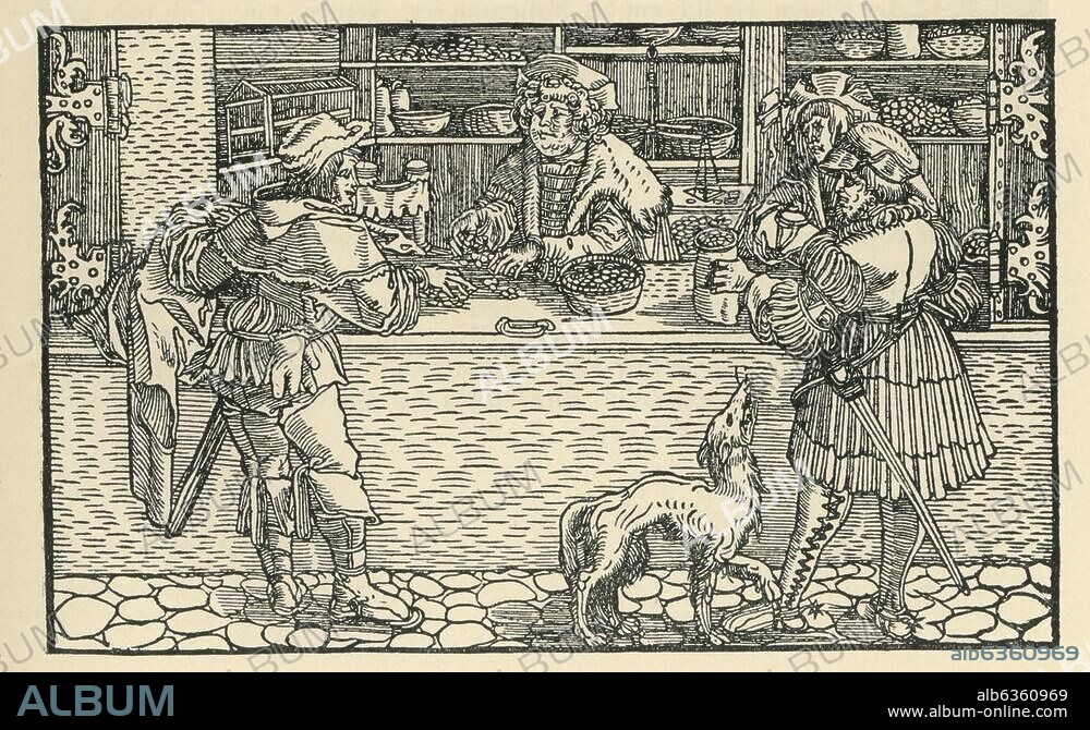 Petrarcameister tätig 1. Drittel 16. Jh. "Von wucherlichem Gewinn". (Bankhaus; ein Bauer verpfändet seinen Mantel). Holzschnitt. Aus: Francesco Petrarca (dt.), Von der Artzney bayder Glueck, Augsburg 1532.