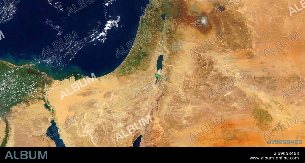 Satellite image showing the Sinai and Negev regions and the shrinking of the Dead Sea in Israel. 2017.