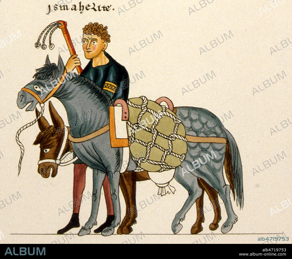 Personnage portant un fouet, a cote d'un cheval et d'un ane. Un homme et son ane extraits de la scene où Joseph est vendu par ses freres. Detail d'une planche du Fac-simile de 1877 de l'ouvrage de HERRADE DE LANDSBERG (abbesse et ecrivain, 1125-1193) 'Hortus Deliciarum' (Jardin des delices), sorte d'Encyclopedie chretienne, premiere encyclopedie ecrite par une femme, un des plus beaux manuscrits alsacien du XIIeme siecle (manuscrit disparu dans l'incendie de la bibliotheque de Strasbourg en 1870). conserve a la bibliotheque municipale de Versailles. Credit : Collection JEAN VIGNE / KHARBINE-TAPABOR.