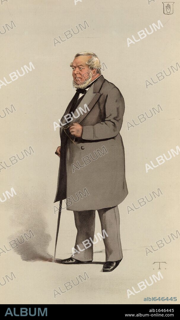 An Eminent Builder'. Charles James Freake (1814-1884) notable London builder, developer and philanthropist. Developed most of Smith's Charity estate between 1845 and 1884. At his own expense he built the National Training School for Music 1874-1875 (now the Royal College of Organists) near the Royal Albert Hall, Kensington, London. Created Baron in 1882. Cartoon by 'T' (Theobald Chartran 1849-1907) from "Vanity Fair" (London, 31 May 1883). Chromolithograph.  (Photo by: Universal History Archive/UIG via Getty Images).