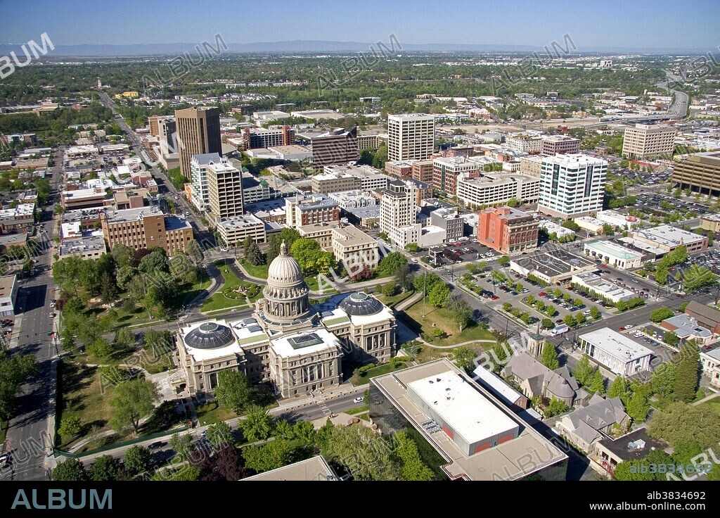Aerial view of downtown Boise and the state capitol building in Idaho.
