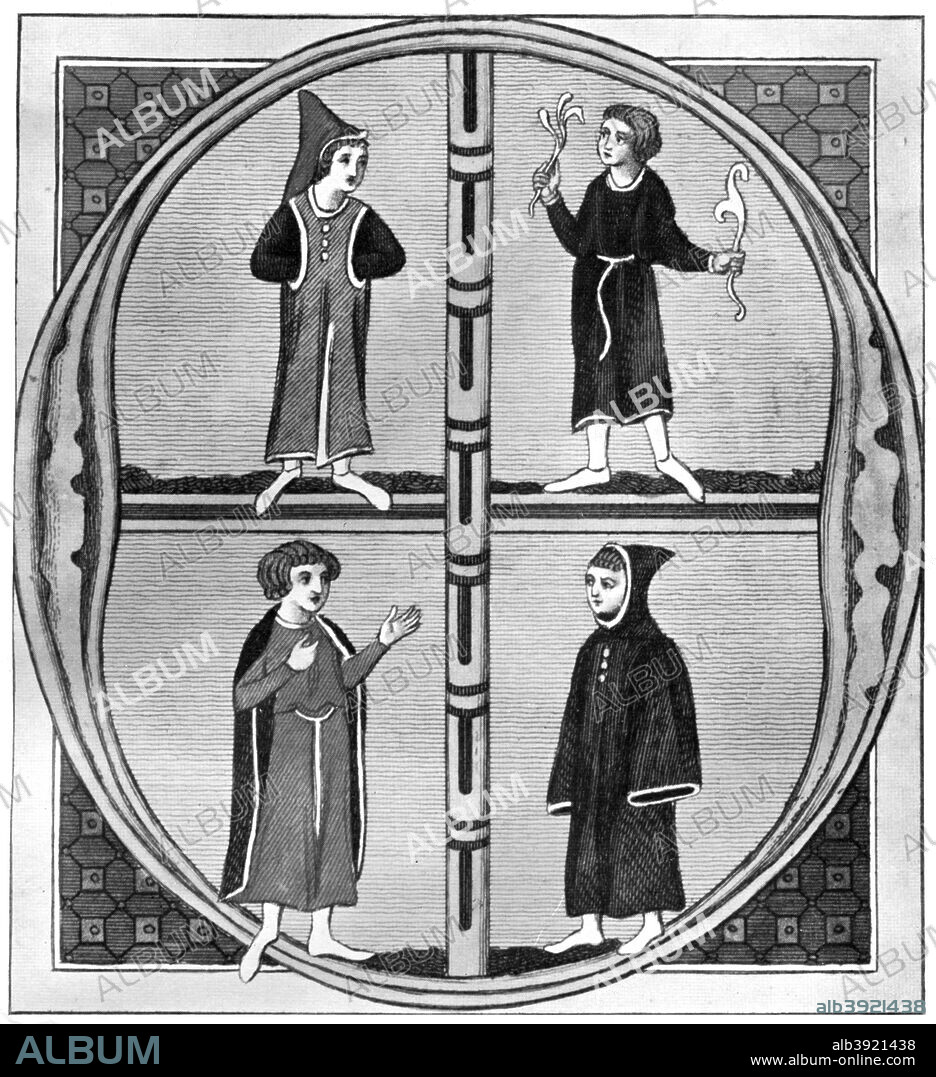 Costume of the Four Seasons of the Year, (1910). Medieval costumes worn in Spring, Summer, Autumn and Winter. Illustration from British Costume during 19 Centuries by Mrs Charles H Ashdown, (London, 1910).