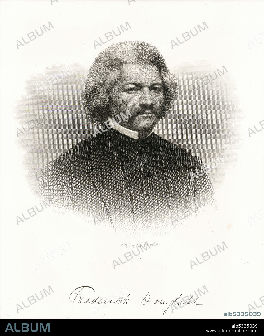 ALEXANDER HAY RITCHIE. A lithograph portrait of African-American diplomat, abolitionist and writer Frederick Douglass (1817-1895) who escaped from slavery in Maryland aged 21. He became a national leader of the abolitionist movement. Famous for his oratory and incisive antislavery writings, he was described by abolitionists as a living counterexample to slaveholders' arguments that slaves lacked the intellectual capacity to function as independent American citizens. Douglass is pictured wearing a dark colored suit and jacket with a white, high collared undershirt. He has a mustache. Typed below the portrait is “Eng. by A.H Ritchie. “ Written at the bottom of the portrait in black ink is “Frederick Douglass.”.