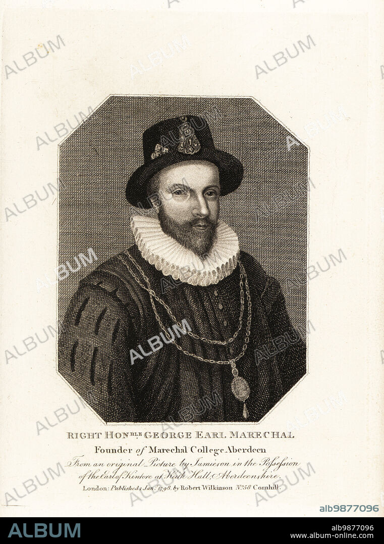 Portrait of George Keith, 4th Earl Marechal, c. 1553-1623. Founder of Marechal College in Aberdeen, in 1593. Wearing a jewelled hat, ruff collar, slashed doublet and chain with medallion around his neck. From an original picture by George Jamesone (Jamieson) in the possession of the Earl of Kintore at Keith Hall, Aberdeenshire. Copperplate engraving from John Smiths Iconographia Scotica, or portraits of illustrious persons of Scotland, Robert Wilkinson, 58 Cornhill, London, 1798.