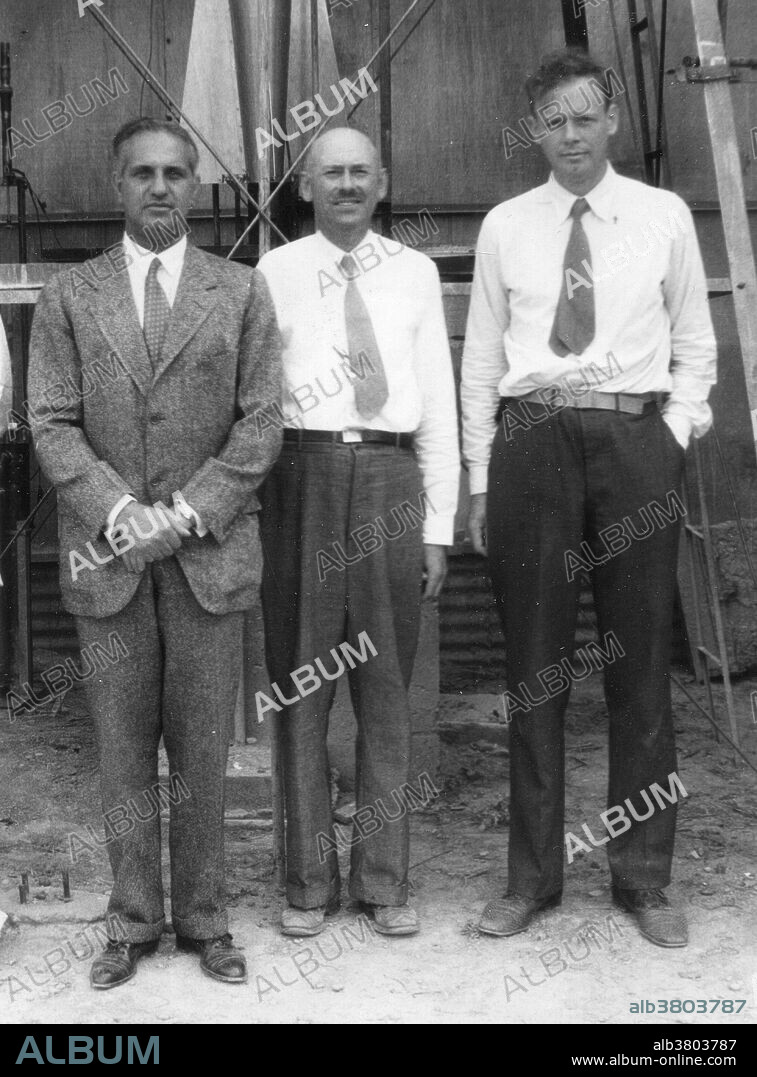 Standing in front of the rocket in the launch tower on September 23, 1935, are (left to right): Harry F. Guggenheim; Robert H. Goddard; and Colonel Charles A. Lindbergh. Lindbergh, an advocate for Goddard and his research, helped secure a grant from the Daniel and Florence Guggenheim Foundation in 1930. With that money Goddard and his wife moved to Roswell, New Mexico, where he could conduct research and launch rockets while avoiding the scrutiny and criticism of his colleagues and the press. Robert Hutchings Goddard (October 5, 1882 - August 10, 1945) has been recognized as the father of American rocketry and as one of the pioneers in the theoretical exploration of space. He was theoretical scientist as well as a practical engineer. He is credited with creating and building the world's first liquid-fueled rocket. His dream was the conquest of the upper atmosphere and ultimately space through the use of rocket propulsion. He died in 1945, but was probably as responsible for the dawning of the Space Age as the Wrights were for the beginning of the Air Age.