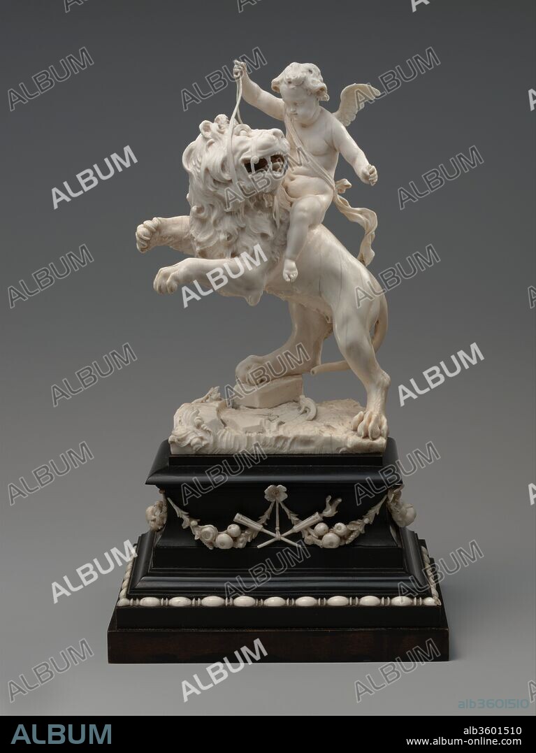 Cupid on a lion. Artist: Mattheus van Beveren (Flemish, Antwerp ca. 1630-1690 Brussels). Culture: Flemish. Dimensions: Height (statuette): 8 5/8 in. (21.9 cm); Height (base): 4 1/2 in. (11.4 cm). Date: ca. 1675-90.
The winged Cupid subduing a ferocious lion embodies the notion that "love conquers all," drawn from Ovid and Virgil. In van Beveren's realization of this popular artistic theme, love is represented as a putto, or winged infant. The portrayal of Cupid as a chubby child dates to the Renaissance, as does the virtually indistinguishable imagery of infant angels in the sacred context of the same artist's Lamentation (see 64.164.242).